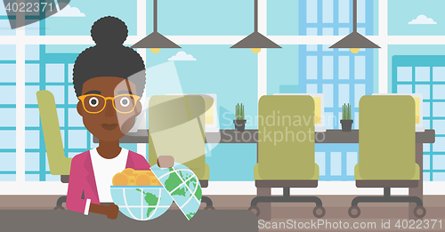 Image of Business woman with Earth globe full of money.