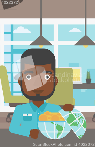 Image of Businessman with Earth globe full of money.