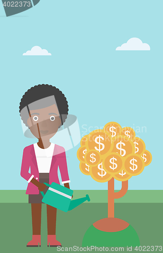 Image of Woman watering money tree vector illustration.