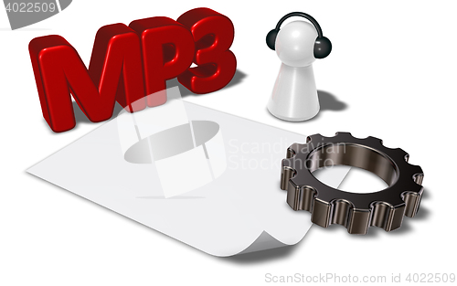 Image of mp3 tag, gear wheel and pawn with headphones - 3d rendering