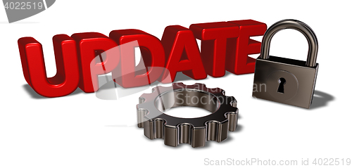 Image of the word update, padlock and gear wheel - 3d rendering