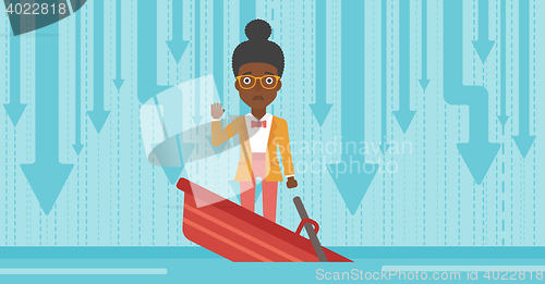 Image of Business woman standing in sinking boat.