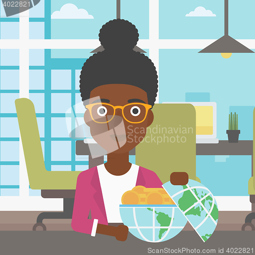 Image of Business woman with Earth globe full of money.