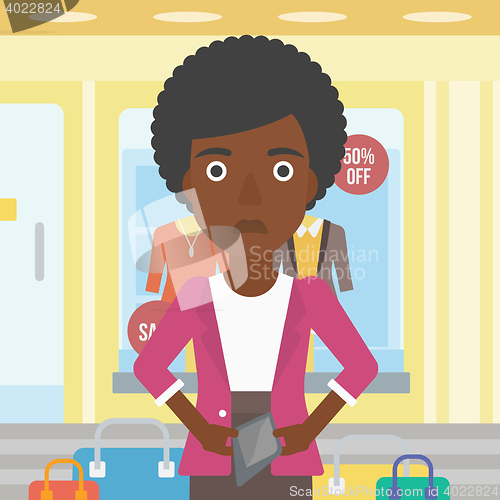 Image of Woman showing epmty wallet vector illustration.