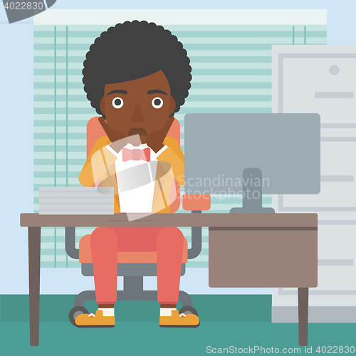 Image of Tired woman sitting in office vector illustration.