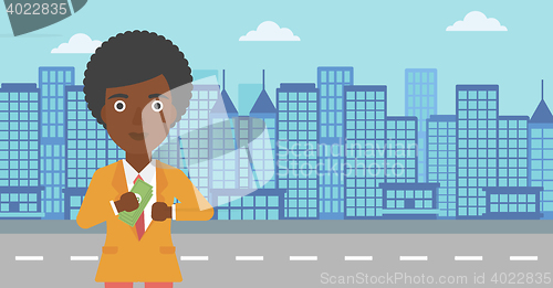 Image of Woman putting money in pocket vector illustration.