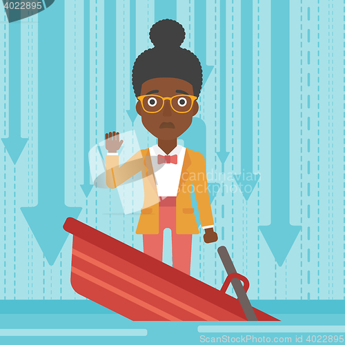 Image of Business woman standing in sinking boat.