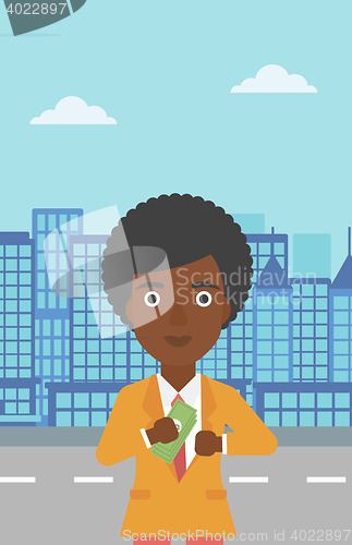 Image of Woman putting money in pocket vector illustration.