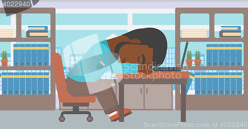 Image of Businessman sleeping on workplace.