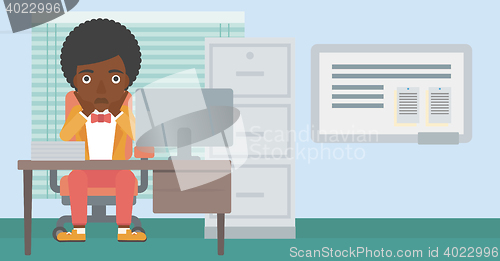 Image of Tired woman sitting in office vector illustration.