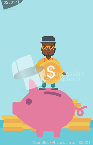 Image of Man putting coin in piggy bank vector illustration