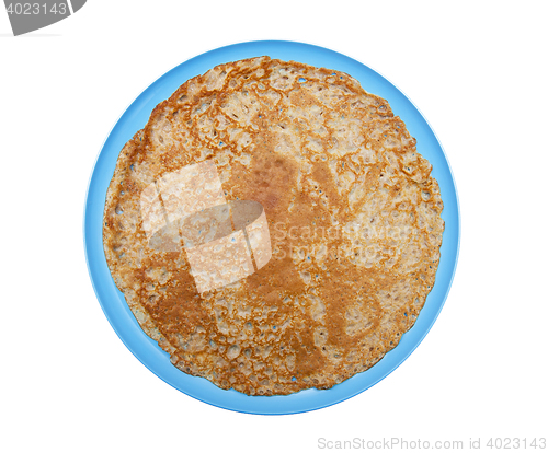 Image of Pancake on the blue plate isolated on the white