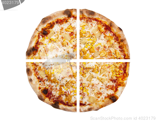 Image of Four pieces of pizza isolated on the white background