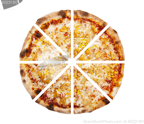 Image of Eight pieces of pizza isolated on the white background