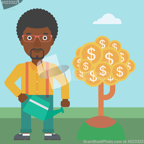 Image of Man watering money tree vector illustration.