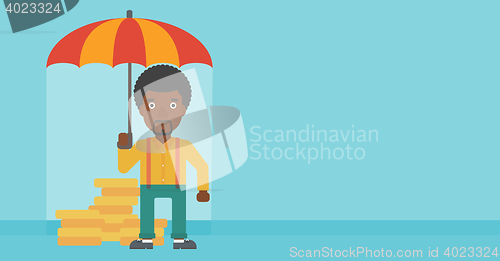 Image of Businessman with umbrella protecting money.