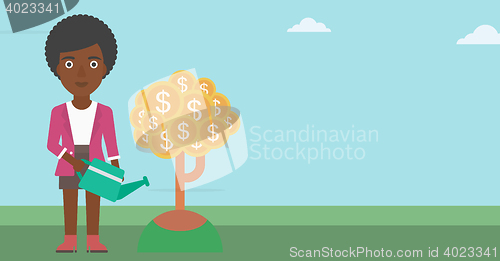 Image of Woman watering money tree vector illustration.