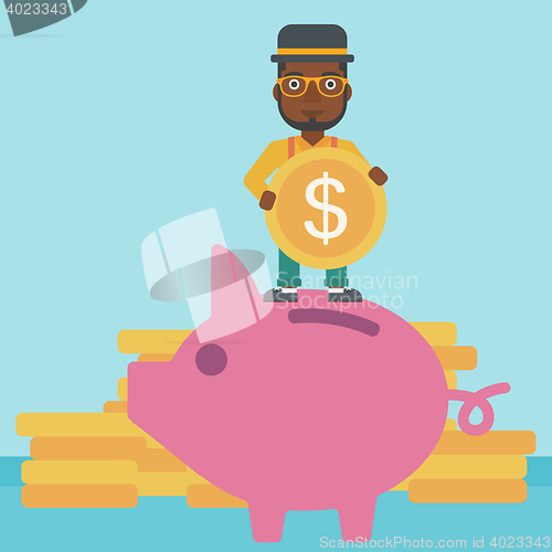 Image of Man putting coin in piggy bank vector illustration