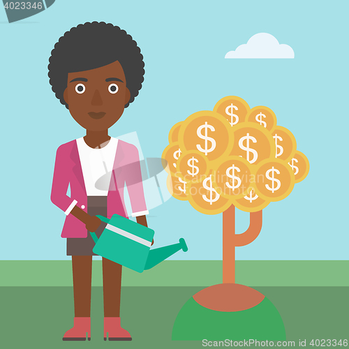Image of Woman watering money tree vector illustration.