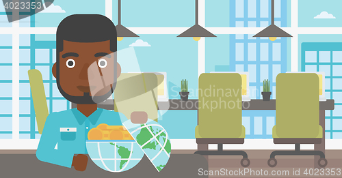 Image of Businessman with Earth globe full of money.