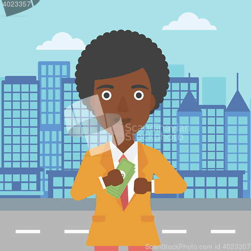 Image of Woman putting money in pocket vector illustration.