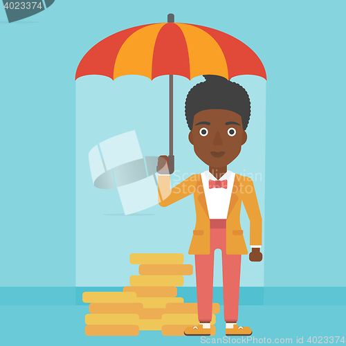 Image of Business woman with umbrella protecting money.