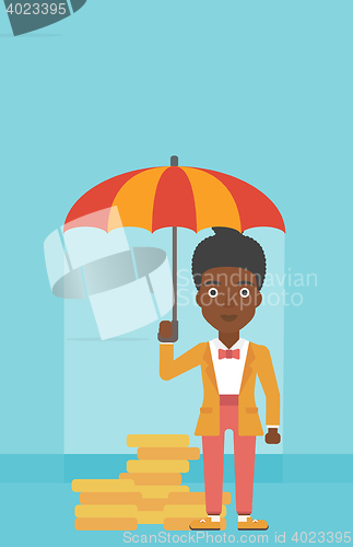 Image of Business woman with umbrella protecting money.