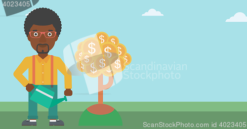 Image of Man watering money tree vector illustration.