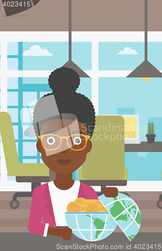 Image of Business woman with Earth globe full of money.