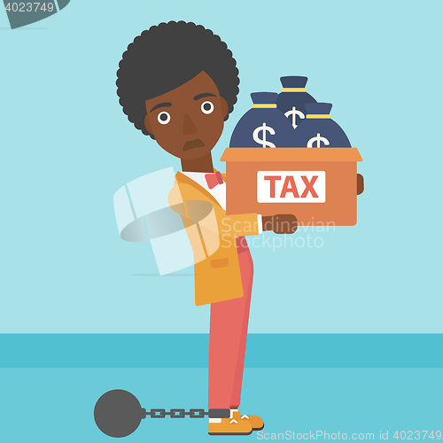 Image of Chained business woman with bags full of taxes.