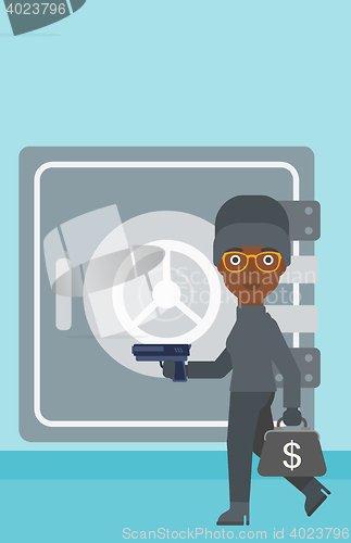 Image of Burglar with gun near safe vector illustration.