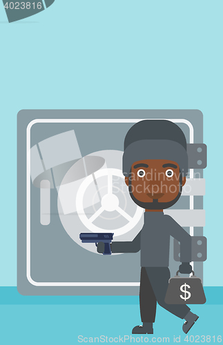 Image of Burglar with gun near safe vector illustration.