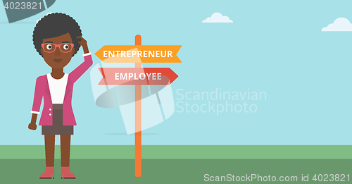 Image of Confused woman choosing career pathway.