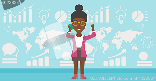Image of Businesswoman celebrating business success.