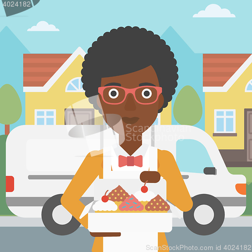 Image of Baker delivering cakes vector illustration.