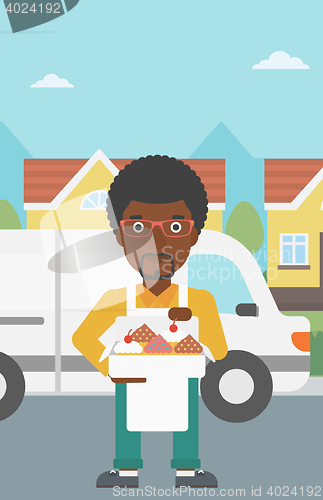 Image of Baker delivering cakes vector illustration.