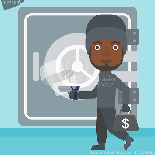 Image of Burglar with gun near safe vector illustration.