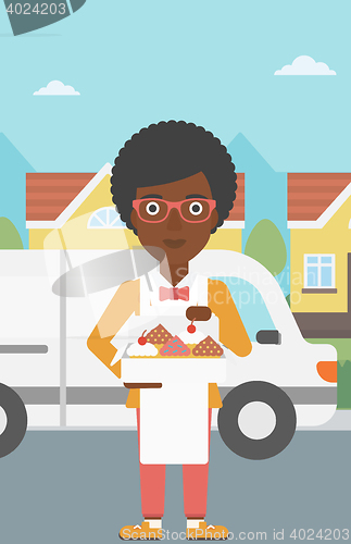 Image of Baker delivering cakes vector illustration.