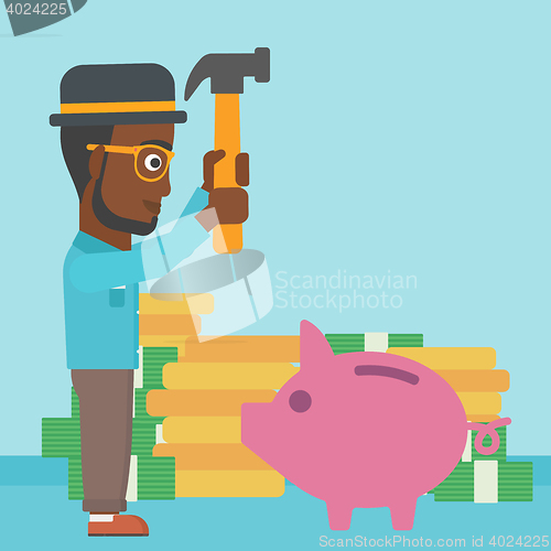 Image of Man breaking piggy bank vector illustration.