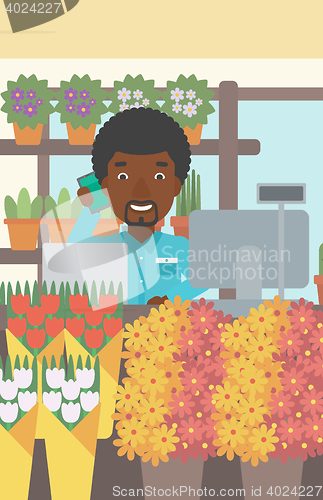 Image of Florist at flower shop vector illustration.