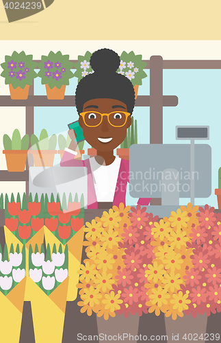 Image of Florist at flower shop vector illustration.