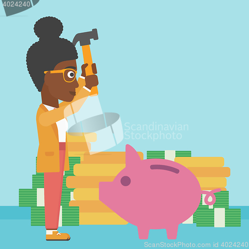 Image of Woman breaking piggy bank vector illustration.