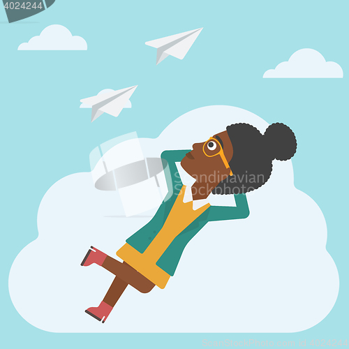 Image of Business woman lying on cloud vector illustration.