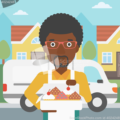 Image of Baker delivering cakes vector illustration.