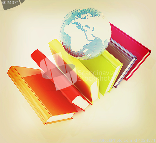 Image of Colorful books and earth. 3D illustration. Vintage style.
