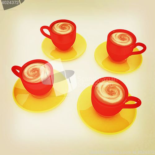 Image of Coffee cups on saucer. 3D illustration. Vintage style.