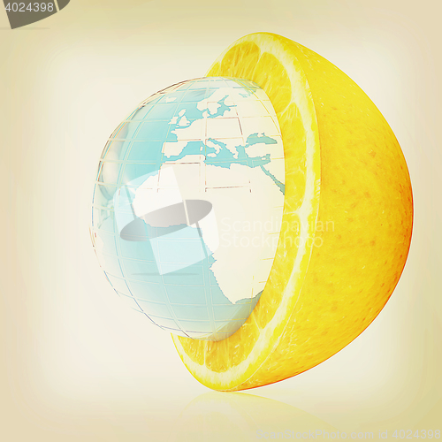 Image of Earth on orange fruit. Creative conceptual image. . 3D illustrat