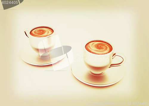 Image of Coffee cups on saucer. 3D illustration. Vintage style.