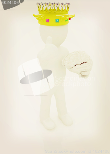 Image of 3d people - man, person with a golden crown. King with brain. 3D