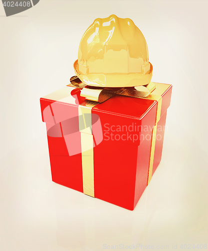 Image of hard hat on a red gift. 3D illustration. Vintage style.